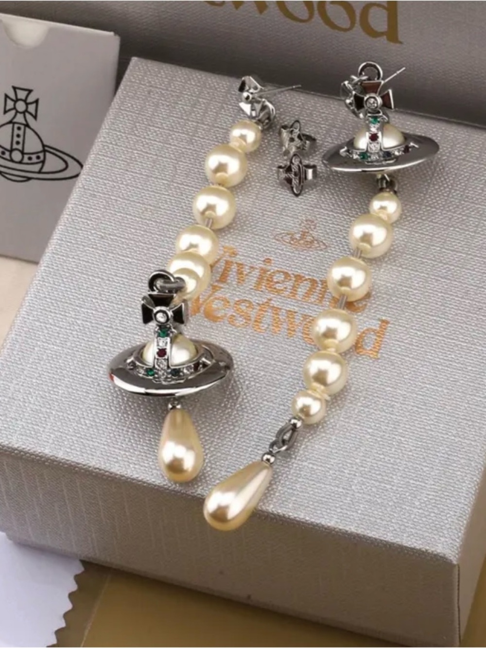 Vivienne Westwood Pearl-String Orb Drop Earrings in Silver and Cream